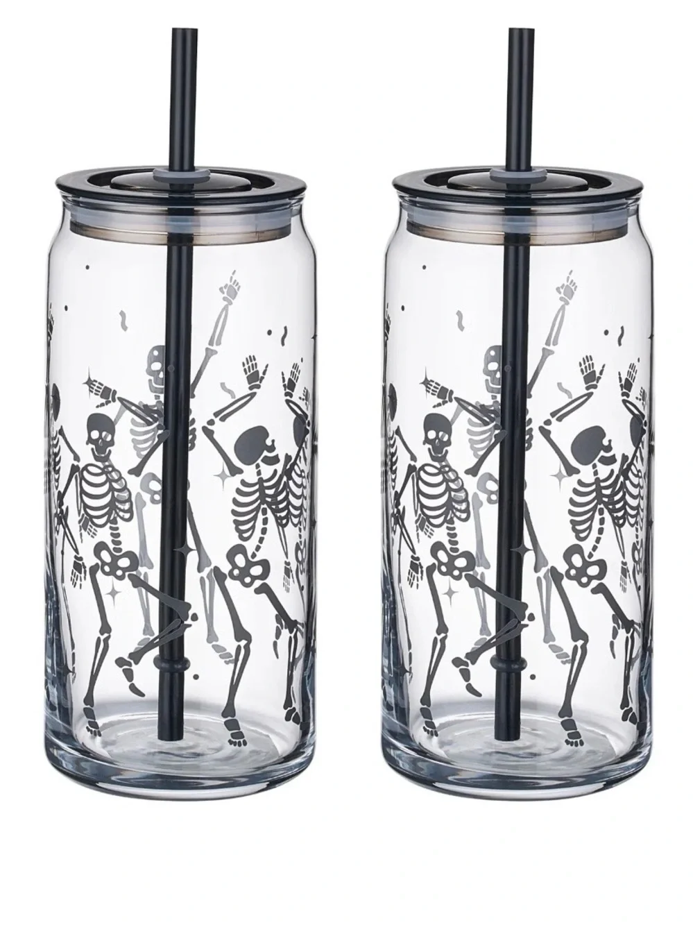 Set of 2 Halloween Dancing Skeleton Glass Can Sipper